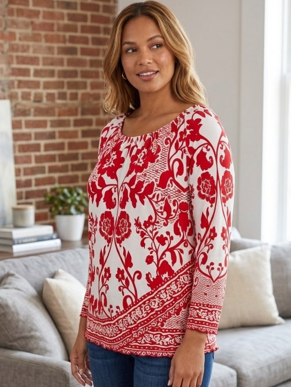 INC International Concepts Red and White Floral Peasant Blouse